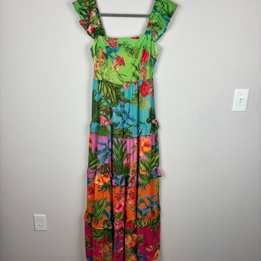 Avara Ivy Floral Tiered Maxi Dress Small Tropical Hawaiian Resort Smocked Back - Picture 3 of 13